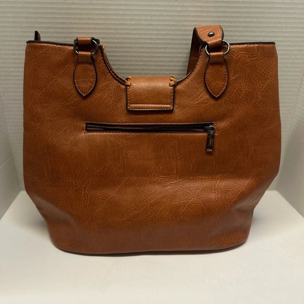 Sam & HadleyWestern Cognac Faux Leather Shoulder Bag Turquoise Whipstitch Tote